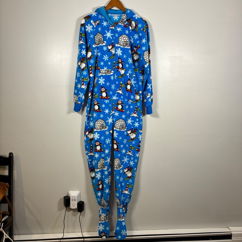 Footed Pajamas Union Suit S Penguin Winter Fleece Hooded Xmas Cozy Warm Soft